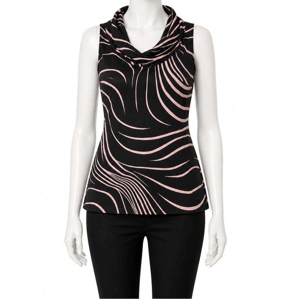 Marca‎ Trei Cowl Neck Blouse Black Pink Size 34 Abstract Swirl Office Wear